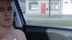 hot guy shoots a load in his car