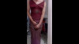 Crossdressing and cum wearing long gown with silky lining