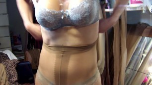 Cock in grey lingerie and sexy preowned 20 den pantyhose