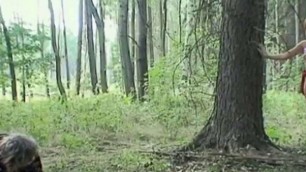 The girl looking for mushrooms sees an older lady with big