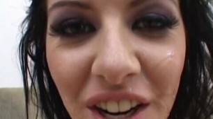 Skinny dark haired slut takes turns sucking off 2 hard cocks before fucking