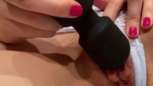 Masturbating pussy with vibrator in blue panties
