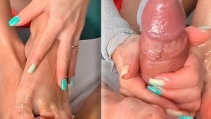 Girl with Neat Legs Gives Sensual Footjob To Big Dick in Socks – Oiled Foot Fetish