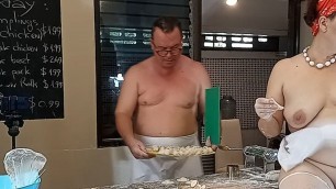 Nudist housekeeper Regina Noir cooking in the kitchen. Naked maid makes dumplings. Naked cooks. SHORT 1