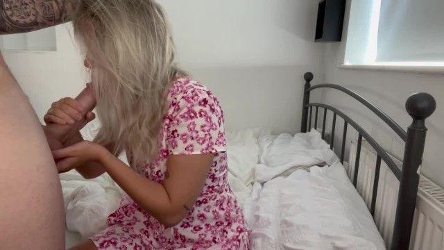 Horny Blonde Teenage Sucks Cock in Sexy Summer Dress
