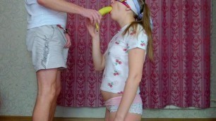 Step Brother tricked his sister when she passed a challenge with food and seduce her to blowjob and first sex!