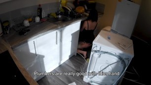 Horny Wife Seduces Plumber in the Kitchen while Husband at Work