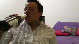 Dark-haired German chicks getting her holes stretched by three cocks