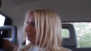 A super attractive German babe pleasing two hard cooks in the car