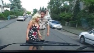 Busty and old German slut eating warm cum in the back of the car
